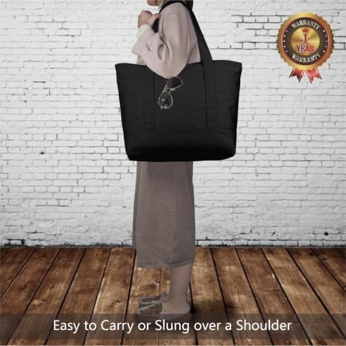 TOPDesign 1-Pack Canvas Tote Bag with an External Pocket, Reusable Grocery Shopping Bag, Top Zipper Closure, Daily Essentials (Black) - Image 2