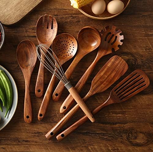 Wooden Kitchen Utensils Set with Holder, NAYAHOSE 9 Pcs Teak Wood Spoons for Cooking Spatula Set with Stainless Steel Storage Barrel - Image 4