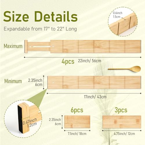 Whitmor Adjustable Bamboo Drawer Dividers, Expandable 17"-22" Drawer Organizer, Space-Saving, Non-Slip & Spring-Loaded Separators for Kitchen, Bedroom, Office, 4 Pack Dividers with 9 Baffles - Image 2
