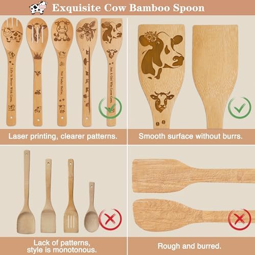 Cow Kitchen Decor Bamboo Wooden Spoons With Utensil Holder- Cow Kitchen Accessories for Cooking-Home Decorations Gifts for Women-Housewarming,Birthday,Easter,Mothers Day Gift（6PCS） - Image 3