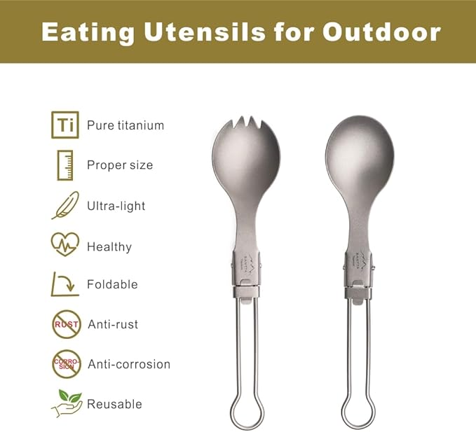 SANTTA Portable Titanium Foldable Utensils Spoon and Spork, Flatware with Pouch for Backpacking, Hiking, Camping and Traveling