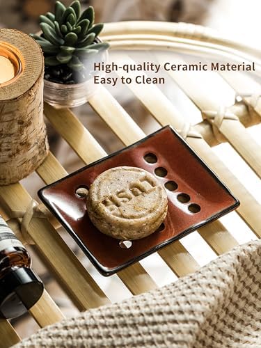 Soap Holder with Self Drain, Ceramic Soap Dishes for Bar, Shower, Japanese Soap Tray for Kitchen and Bathroom, Keep Sink Dry and Tidy, Red (Pack of 2) - Image 4