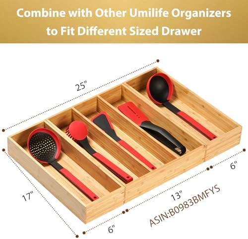 Umilife Bamboo Kitchen Utensils Organizer, Extra Long High Silverware Drawer Holder, Flatware Cutlery Storage Box, Multi-Use Drawer Divider in Office, Bathroom, Pantry - 17"x6"x2.5" (Set of 2) - Image 4