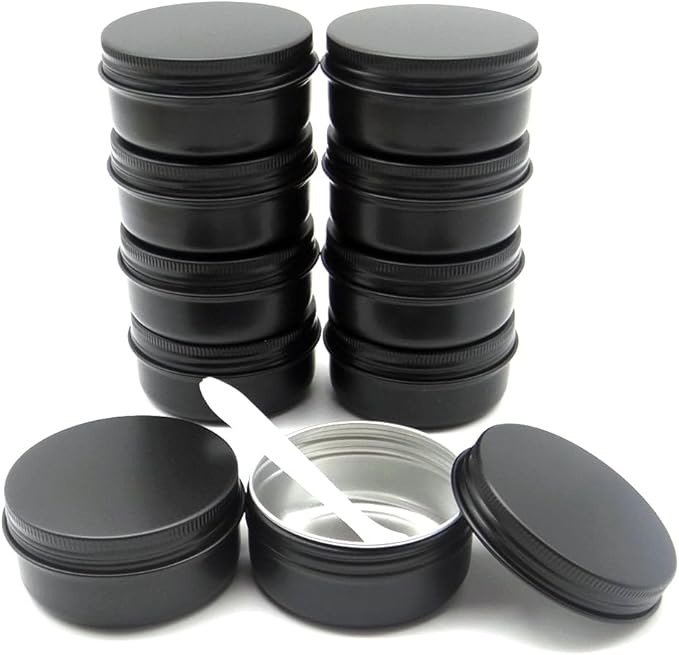 10pack 50ml Aluminum Tin, 50 Gram Black Container Leak Proof Cosmetic Jars, 50g Small Makeup Containers Round Screw Lids for Cosmetic, Salves, Lip Balms, Toner, Cream, Candle, Tea, Beads, Wax