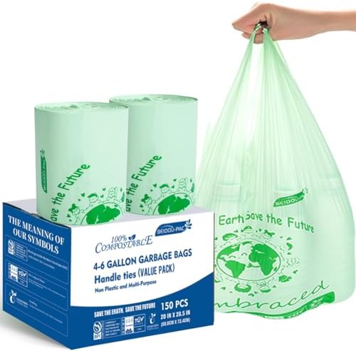 BEIDOU-PAC 4-6 Gallon Compostable Trash Bags, 150 Count Kitchen Trash Bags with Handle, Sturdy Compost Garbage Bags for Food Scrap Waste, ASTM D6400, US BPI Certified by BEIDOU-PAC