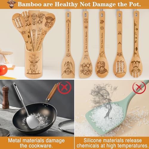 Highland Cow Kitchen Decor Bamboo Wooden Spoons With Utensil Holder,Hummingbird Kitchen Accessories for Cooking-Home Decorations Gifts for Women-Housewarming,Birthday,Mothers Day(6PCS） (Highland Cow) - Image 4