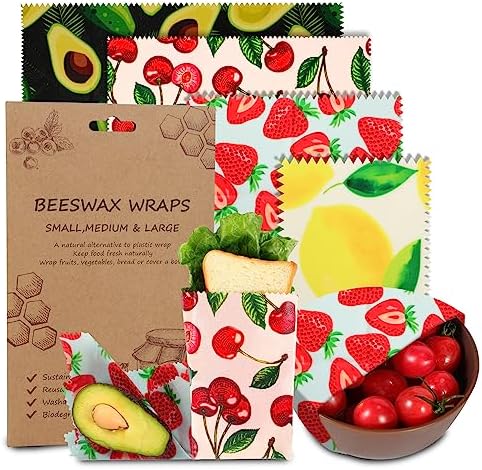 Reusable Beeswax Wrap, 4 Pack Eco-Friendly Beeswax Wraps For Food, Organic, Sustainable, Biodegradable, Zero Waste, Plastic-Free Food Storage, 1L Avocado, 1M Cherry, 1S Strawberry, 1XS Lemon Patterns by celsirex