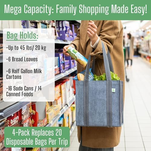 VENO 2/4 Pack Compact Reusable Grocery Shopping Bags with Hard Bottom - Image 4