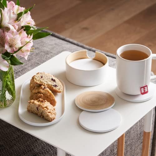 HABITAS Spun Bamboo Coaster Set - 6 White Round Coasters with Holder for Coffee Table - Modern, Sustainable, Handmade Bamboo Drink Coasters - Image 4