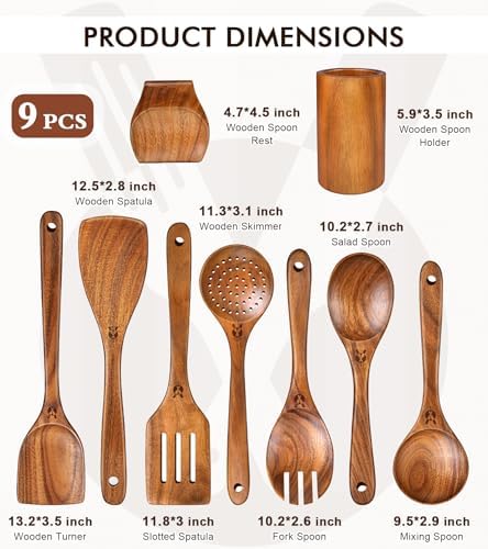 9Pcs Wooden Spoons for Cooking, Wooden Utensil Set with Holder & Spoon Rest - Image 3