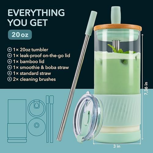 Pandaloo® Glass Cups With Lids and Straws -20 Fl Oz- Perfect Size Iced Coffee Cup - Smoothie Cup With Bamboo Lid and On the go Lid (Sweet Sage, 1 Count (Pack of 1) - Image 2