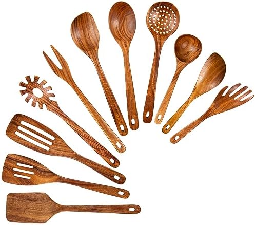 GUDAMAYE 11 PCE Wooden Spoons for Cooking, Wooden Kitchen Utensils Set,Wooden Cooking Utensils,Natural Teak Wooden Spoons For Non-stick Pan by Gudamaye-WoodenUtensilsSets