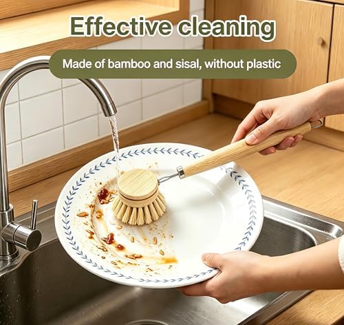 Bamboo Dish Brush with 3 Replacement Heads, Plastic-Free Kitchen Scrub Brush with Long Handle, Natural Sisal Bristle Bamboo Brush for Pans, Dishes, Pot,Veggie and Fruit - Image 3