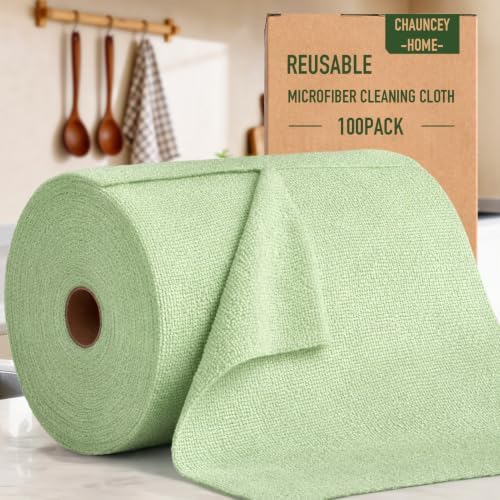 Microfiber Cleaning Cloth Roll - 100 Pack Tear Away Microfiber Paper Towels, Reusable, Washable, Scratch-Free, Kitchen Towels for Car, Home, Kitchen, Glass, Dishes(Bean Green) by CHAUNCEYHOME