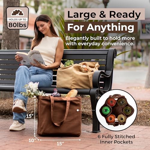 VeraMia Canvas Grocery Bag 3pc XL Set with Real Pockets, Long Shoulder Strap and Short Handle. Heavy Duty, Foldable, Washable - Image 2