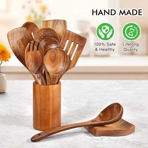 12Pcs Soft Grip Teak Wooden Utensil Set, Durable Spoons for Family Kitchen - Image 6