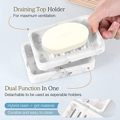 Luxspire Soap Dish Tray, Double Layer Soap Holder, White Marble - Image 3
