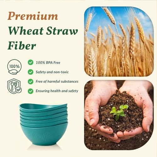 Homienly Salad Bowls 6 PCS Wheat Straw Bowls - 60oz Large Serving Bowl - Microwave and Dishwasher Safe Centerpiece Bowl Big Soup Bowl for Kitchen, Camping, Picnic, Party, Popcorn Bowl Set - Green - Image 3