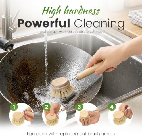 6-Piece Bamboo Dish Brush Set with Vegetable Brush Yellow - Image 3
