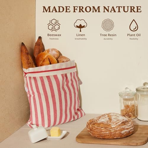 BRONYPRO Reusable Beeswax and Linen Bread Bags with Zipper, 2-Pack Waxed Bread Bags for Homemade Bread & Sourdough, Sustainable Loaf Storage to Lock in Freshness, Large 17x12.6in, Red Stripe - Image 2