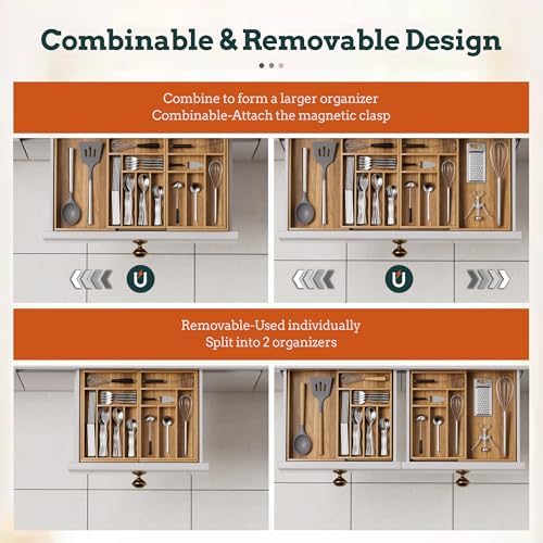 Silverware Organizer Large, Magnetic Connected Expandable 13 Slots Silverware Drawer Organizer From 21 to 37.4 Inches, Adjustable Flatware and Cutlery Holder, Bamboo Utensil Tray for Kitchen Acacia - Image 5