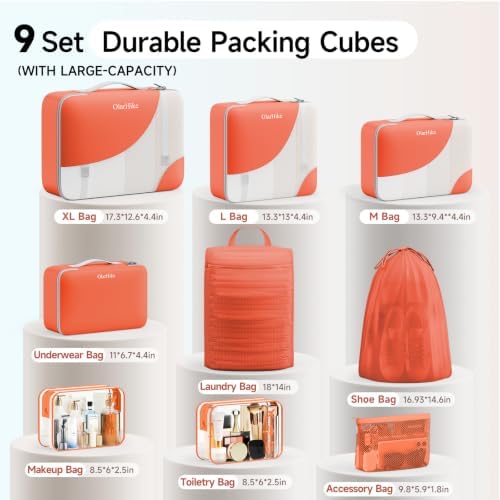 OlarHike Packing Cubes for Travel,Gifts for Women Mom,Anti-Tearing Suitcase Organizer for Luggage with Shoe & Hanging Toiletry Bag,Vacation Essentials & Accessories for Cruise Ship,9 Set,Orange - Image 2