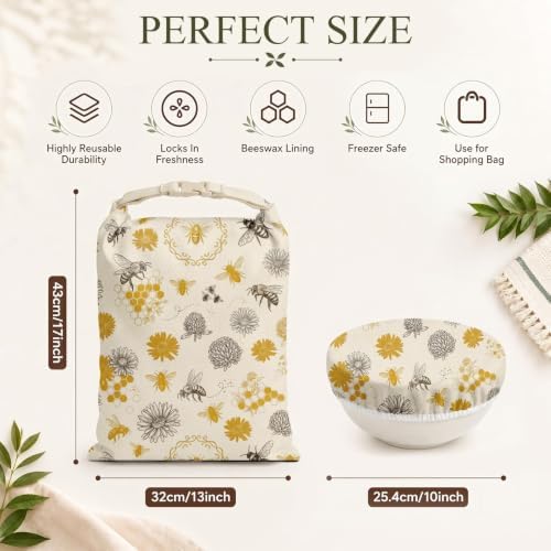 Britimes Reusable Bread Bags Set, Beeswax, XL, Zero Waste, Honeybee Bee - Image 3