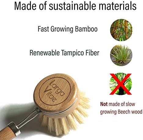 Wooden Dish Brush Made of Renewable Bamboo Wood and Natural Bristle Tampico Fiber, includes 5 Replacement Brush Heads, Durable, Long Lasting, All Purpose Kitchen Scrubber - Image 3