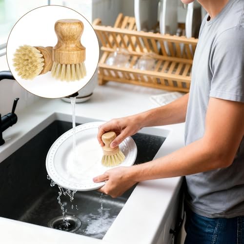 12 Packs Bamboo Dish Scrub Brush Wooden Washing Scrubbers with Sisal Bristles Kitchen Palm Pot Brush Round Mini Dish Brushes for Household Iron Pot Pan Sink Sink Vegetables Cleaning - Image 3