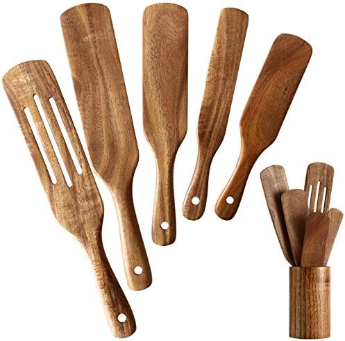Wooden Spurtles Set with Holder, Natural Teak Kitchen Utensil Set of 6, Heat Resistant Non Stick Wood Cookware with Hanging Hole, Wood Spurtles Spatula Sets for Stirring, Mixing, Serving by NAYAHOSE