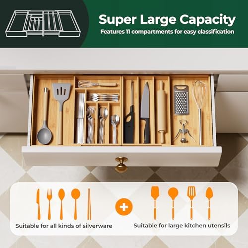 Large Silverware Organizer, 11 Slots Magnetic Connected Expandable Acacia Wood Utensil Drawer Organizer From 21 to 37.4 Inches, Adjustable Flatware and Cutlery Holder, Utensil Tray for Kitchen - Image 4