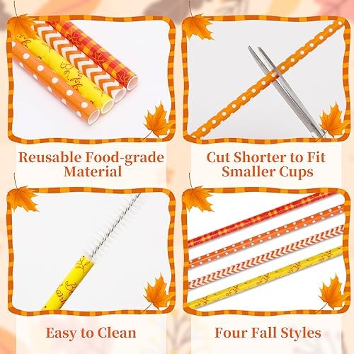 JANYUN 30 Pieces Fall Straws, 9inch Hard Platic Reusable Thanksgiving Drinking Straws Autumn Maple Leaf Pumpkin Straw for Family Party Favors Supplies Cleaning Brush (Orange & Yellow) - Image 3