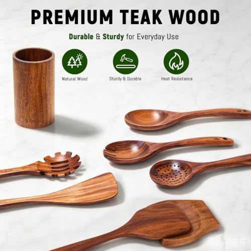 8 Pcs Teak Wooden Utensils Set, Wooden Spoons for Cooking - Image 5