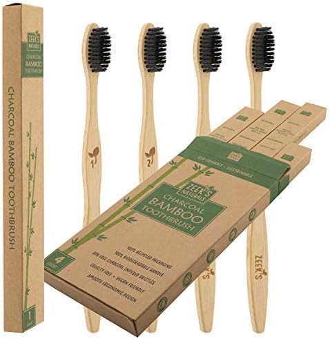 Biodegradable Eco-Friendly Natural Bamboo Charcoal Toothbrushes - Pack of 4 - Numbered - Charcoal Infused Bristles by Unknown