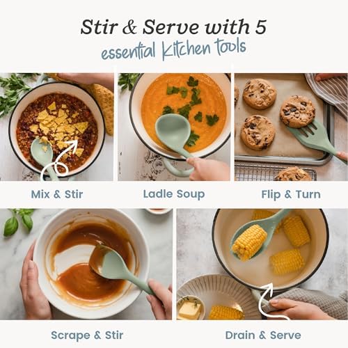 Starpack Stir and Serve Silicone Cooking Utensils Set (5-Piece, 11") - LFGB Non Toxic, 600°F Heat Resistant, BPA-Free - One-Piece Seamless, Dishwasher Safe - for Nonstick Cookware, Sage Green - Image 2