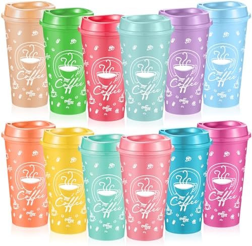 12 Sets Reusable Coffee Cups with Lids, 16oz, Rainbow by Skybooly