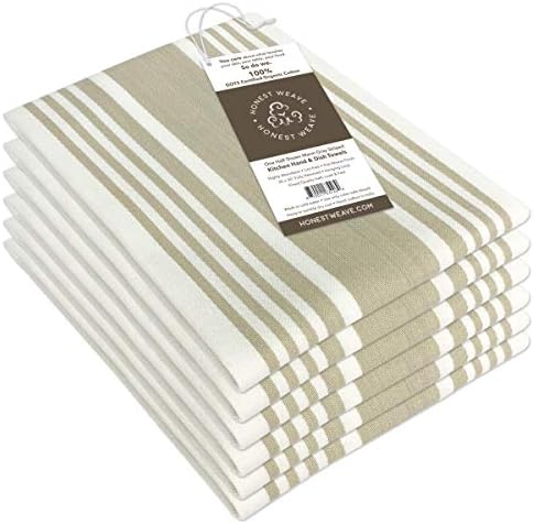HONEST WEAVE GOTS Certified Organic Cotton Kitchen Hand and Dish Towel Sets - Oversized 20x30 inches, Fully Hemmed, in Designer Colors, 6-Pack, Warm Gray/Taupe Stripe - Image 3