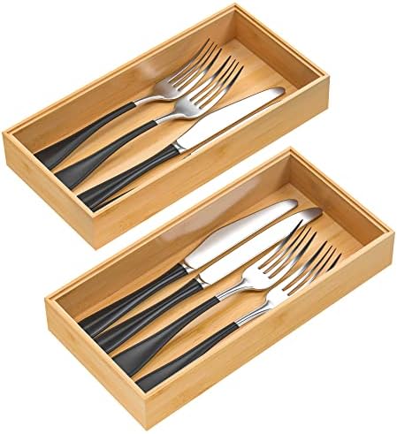 VeyFey Silverware Tray for Drawer, Stackable Kitchen Bamboo Drawer Organizer 12" x 6" x 2" Set of 2 by VeyFey