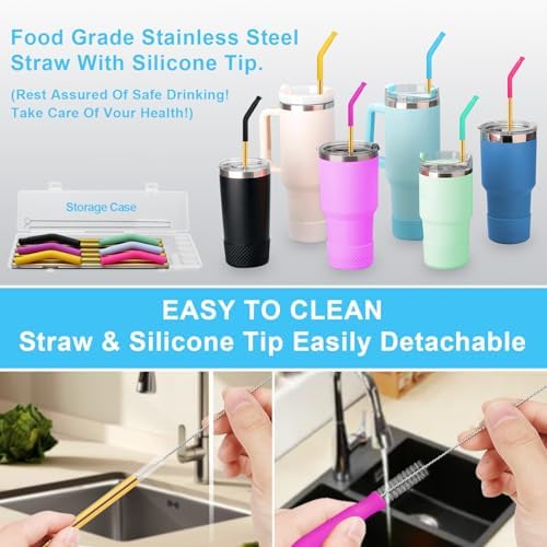 Newly Upgraded 8.5In Reusable Stainless Steel Straws Set 6 PCS with12 Silicone Accessories, 2 Straw Brush, 1 Storage Case, BPA Free, Eco-Friendly Metal Straws for 14, 20, 30,40 oz Tumbler - Image 7