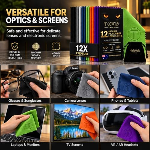 Microfiber Cleaning Cloth for Glasses & Camera –12 Pack + Velvet Pouch, 230 GSM Ultra Soft Lens Cloth for Screens, Laptop & Tablet, Streak-Free, Lint-Free, Scratch-Safe, 6"x7" - Image 4