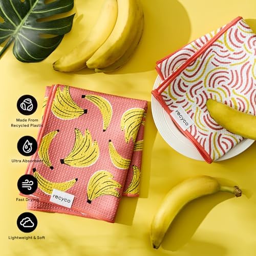 RECYCO Waffle Kitchen Towel Set of 2 - Quick Dry Microfiber Sustainable Dish Towels - Ultra Absorbent Reusable Cleaning Tea Towels - Lightweight Hand Towels,16”x 28”, Banana Joy - Image 3