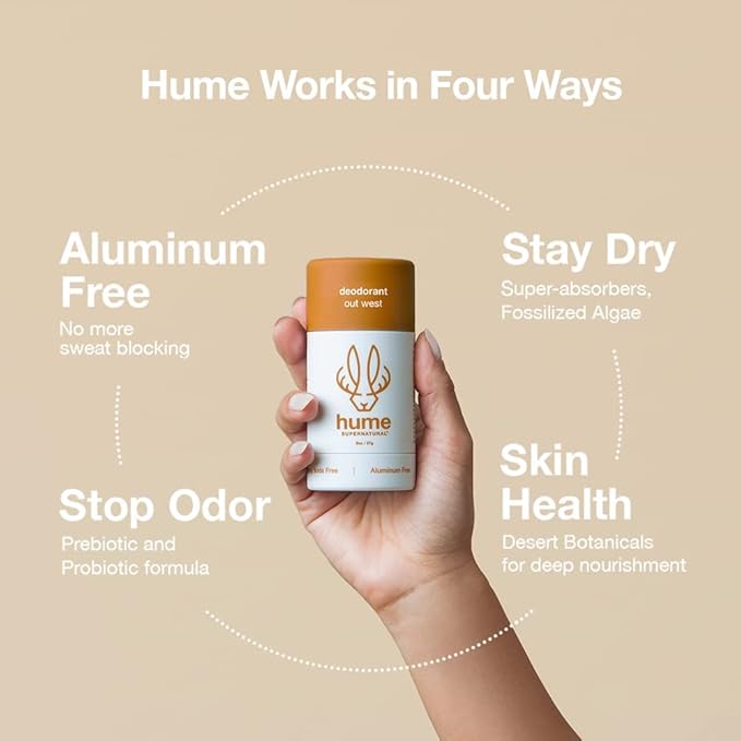 Hume Supernatural Aluminum Free Deodorant for Women & Men - Probiotic and Plant-Based, Long-Lasting Moisture Absorbing - Clean and Effective (Out West - 3 pack)