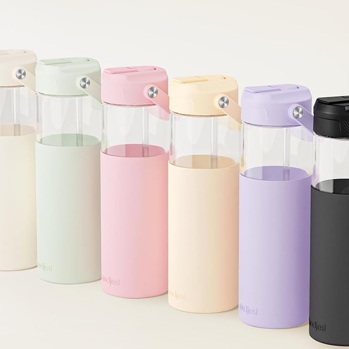 Glass Water Bottle with Silicone Sleeve and Straw Lid 20oz for Girls Women, Glass Drinking Bottles for Travel Home Gym Sports (Rose Cloud)