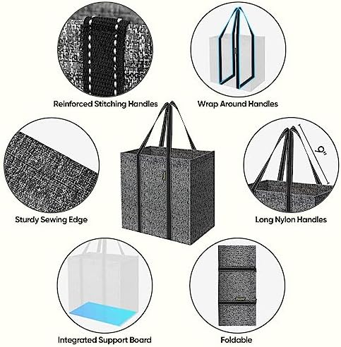BALEINE 2 PK Grocery Bags Reusable Shopping Bags with Reinforced Bottom, Heavy Duty Foldable Tote Bags (Grey) - Image 3