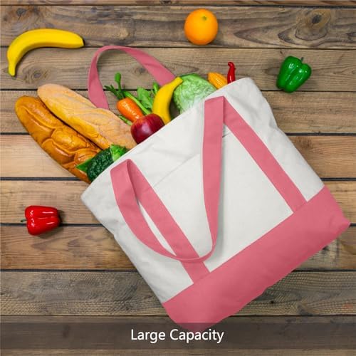 TOPDesign 3-Pack Canvas Tote Bags with an External Pocket, Reusable Grocery Shopping Bags, Top Zipper Closure, Daily Essentials (Rose Pink/Natural) - Image 3
