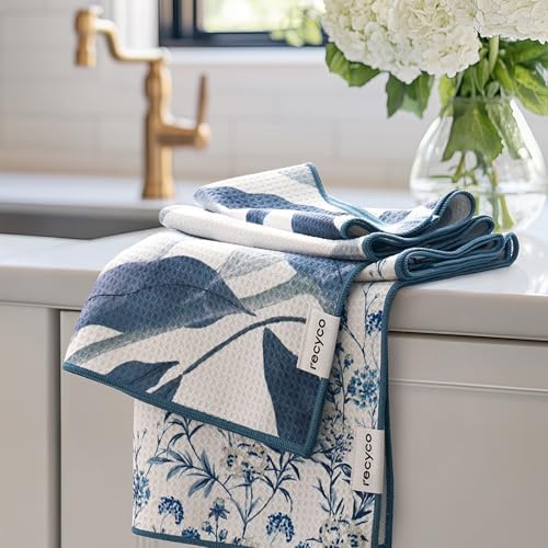 RECYCO Waffle Kitchen Towel Set of 2 - Quick Dry Microfiber Sustainable Dish Towels - Ultra Absorbent Reusable Cleaning Tea Towels - Lightweight Hand Towels,16”x 28”, Stormy Blue by RECYCOHOMECOLLECTION