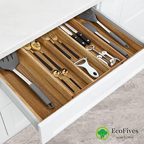 EcoFives Luxury Acacia Silverware Organizer -Kitchen Drawer Organizer - Utensil Holder and Cutlery Organizer with Grooved Drawer Dividers for Flatware and Kitchen Utensils (5 Slot) - Image 2