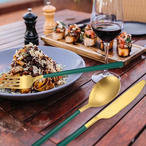 AARAINBOW 6 Pieces Stainless Steel Flatware Set Portable Reusable Cutlery Set Travel Utensils Set Including Chopsticks Knife Fork Spoon Straws Cleaning Brush Dishwasher Safe (B-Green golden) - Image 5