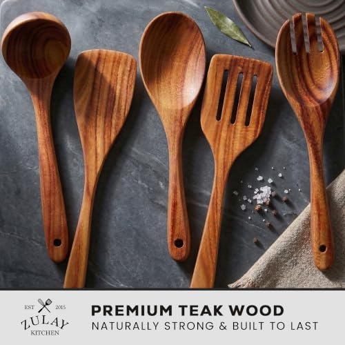 Zulay Kitchen Extra-Large 5-Piece Wooden Spoon Set - Smooth Teak Cooking Utensils - Comfort-Grip Non-Stick Turner, Spatula, Skimmer, Fork, Serving Spoon - Image 2