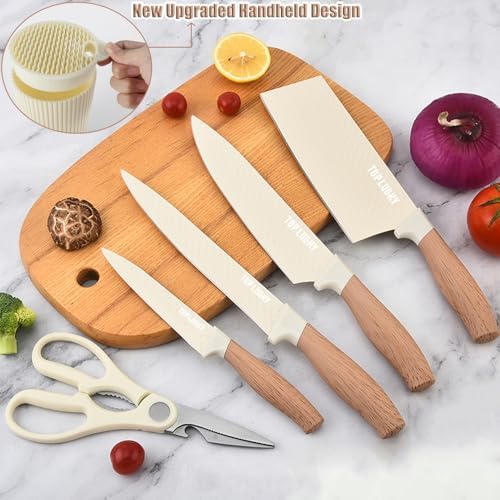 Knife Set, Wiztoynia 6-Piece Beige Kitchen Knife Set for Home, Anti-Rust Non-stick Stainless Steel Sharp Chef Knife Set with Universal Knife Block for Kitchen, Ergonomical Design (Beige) - Image 2